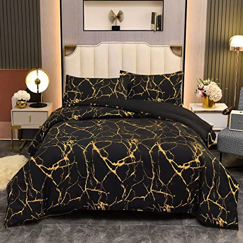 Luofanfei Housse de Couette 240 x 260 Marbre Noir Doré Parure de Lit Adulte 2 Personnes en Microfibre Housse Couette Linge de Lit 240x260 avec Fermeture éclair et 2X 65x65cm Taies d'oreiller