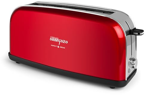 Orbegozo TOV 6200 tostadora ranura larga extra ancha 35mm 750-850W vintage acero inoxidable con 6 niveles de tostado, descongelado, parada rápida, LED y centrado automático