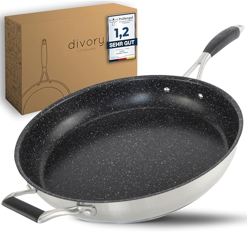 DIVORY Edelstahl Pfanne 32 cm ULTIME Induktion I Antihaft beschichtete große Bratpfanne für alle Herdarten I Induktionspfanne, Ergonomischer Griff, Spülmaschinen geeignet (32cm, Schwarz)
