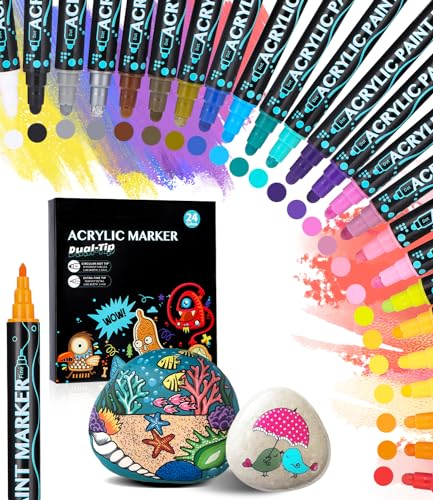 Acrylstifte für Steine Wasserfest,acrylfarben stifte,48 Farben/24 Stifte Dual Tip Acrylfarben Stifte Steine Bemalen Set,acrylfarben für Steine Holz,Glas,Leinwand,Stein,Stoff,DIY Fotoalben,Keramik