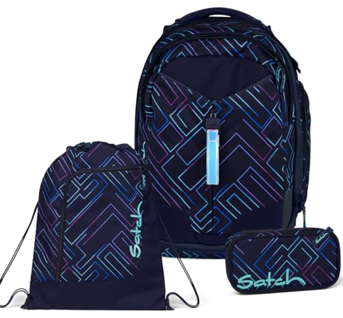 Satch Match Schulrucksack Set 3tlg. inkl. Schlamperbox und Sportbeutel (Purple Laser)