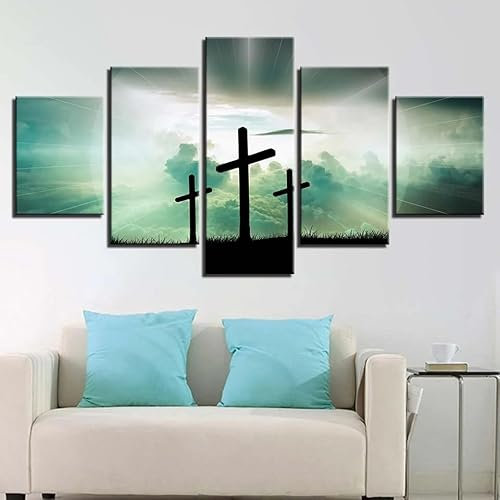 ZLCHYJ Moderne Bilder Wohnzimmer 5 Teiliger Christliches 3-Kreuz Poster Mit Rahmen Hd Für Heimdekoration Personalisierte Bilder Leinwandbilder Xxl