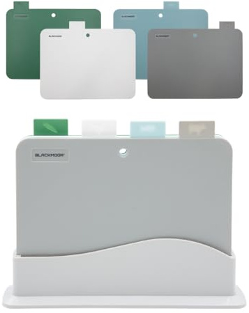 Blackmoor 68239 Chopping Board Set of 4 / Grey Index Chopping Boards with Stand for Kitchen/Colour Coded Tabs for Cutting Meat, Fish, Fruit, Vegetables and More