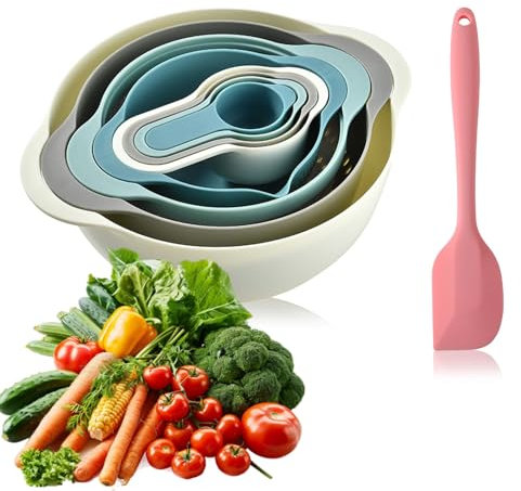 Lot de 8 bols à mélanger en plastique compact avec bols mélangeurs, passoire, tamis, tasses à mesurer pour la cuisine, la pâtisserie, les bols gigognes pour économiser de l'espace fabriqués à partir
