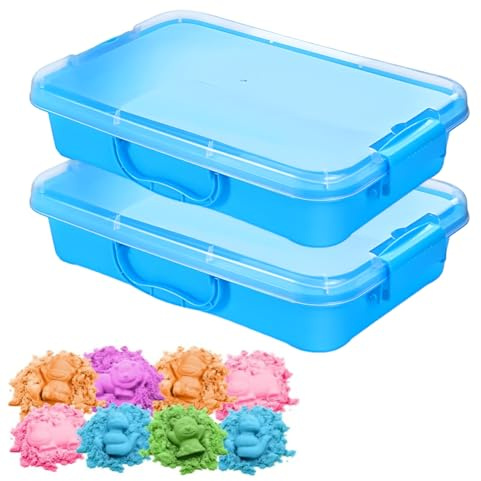 Pack of 2 Sandpit Sensory Bin with Lid and Handle for Sand - Portable Sensory Sandbox Container for Children, Plastic Tray for Sand, Sand Table Activity Tray for Toddlers (Blue)