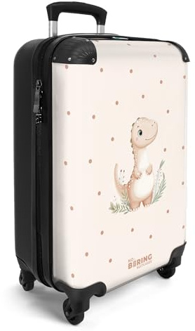 NoBoringSuitcases© Handgepäckskoffer Kinder Reisekoffer Kinderkoffer 4 | 55x35x20 cm - Rollen Leicht Koffer Cabin Trolley Hartschalenkoffer Kind Dino - Beige - Dinosaurier