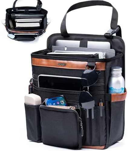 SPORJET Car Seat Organizer with Laptop Compartment (Fits 15.6), Front & Backseat Passenger Organizer with Adjustable Strap, Multiple Pockets, Portable Office Bag, Water-Resistant 1200D Polyester