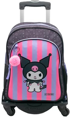 TOYBAGS Sac à Dos Scolaire Kuromi - Double Compartiment - avec Accessoire Pom-Pom - Adaptable + Chariot Noir Protection latérale et Stopper Avant Anti-Chute 4 Roues pivotantes - 44 x 30 x 20 cm