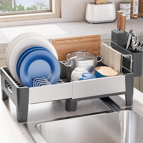 Urackify Abtropfgestell, Grau | Erweiterbar, Edelstahl mit Aluminiumrahmen, Platzsparender Dish Rack mit Utensilienhalter