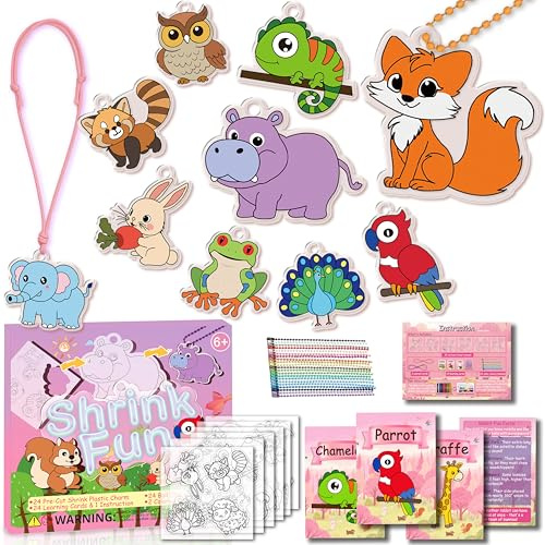 DONFYZ 75 Stück Schrumpffolie Set zum Basteln einschließen 24 vorgestanzte Waldtier-Etiketten, 24 Lernkarten und mehr, Schrumpffolie mit Motiven, Handgemachte DIY-Dekoration für Kinder