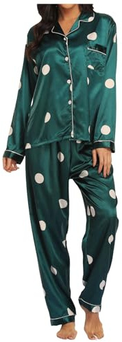 Pyjama long en satin pour femme - Motif mignon - 2 pièces - Manches longues - Chemise de nuit et pantalon de détente en soie - Confortable et doux - Tenue d'intérieur chaude - Vêtement de détente