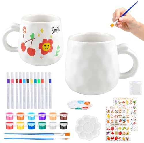 YPLonon Paquetes Tazas de Cerámica para Pintar Kit de Creativo de Taza DIY | Personalizada Taza Cerámica para Pintar con Pinturas Pinceles y Paleta de colores Regalo Para Amigos, Familiares