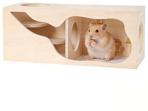 AXVRAV Hamsterversteck Holzhaus mit Tunnel & 2 Kammern, Kammer Kleintiere Haustiere Tunnel Erkundungsspielzeug, Hamster Zubehör für Zwerghamster, Syrische Hamster, Rennmäuse, Igel, Ratten, Mäuse