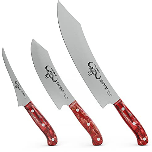Giesser seit 1776 - Made in Germany - Messerset 3 teilig, Red Diamond, PremiumCut, Kochmesser 20 cm, Barbecue 30 cm, Filiermesser 17 cm, Acryl, rot, rostfrei, Grillmesserset