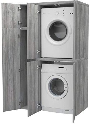 VE.CA.s.r.l. Armario Alto + Compartimento para Accesorios con Puertas para Lavadora/Secadora de Madera, Personalizado, lavadero, Cuarto de baño (Gris Pino Jackson)