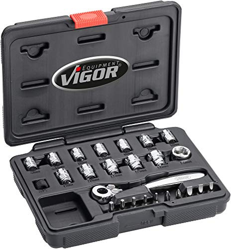 Vigor Satz (6,3 mm (1/4“) Vierkantabtrieb, superflache Umschaltknarre 20 mm Flacher, Diverse Steckschlüssel und Bits, 25 Einzelteile) V5202, schwarz
