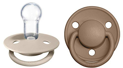 BIBS De Lux Dummies 2-Pack, BPA Free Dummy Pacifier, Round Nipple. Silicone, OneSize (0-36 Months), Vanilla/Dark Oak