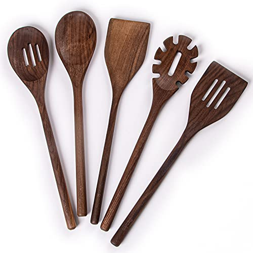 Standcn Wooden Kitchen Utensils Set, 6 PCS Black Walnut Wood Long Handle Spoons and Spatula Set for Cooking, Heat Resistant Non-Stick Cookware