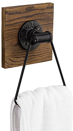 MyGift Bathroom Hand Towel Holder, Towel Rack Ring 5.5x8.7 inch for Kitchen, Laundry Room, Matte Black Industrial Metal with Rustic Solid Burnt Wood