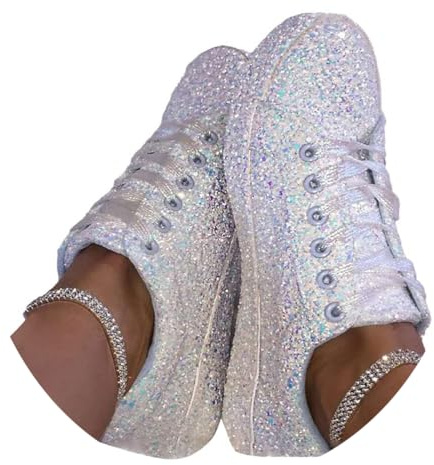 ticticlily Baskets Femmes Paillettes Confortable Légères Courses Basses Marche Jogging Chaussures A Blanc 42 EU