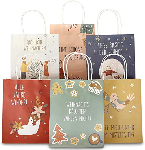Papierdrachen Geschenktüten Weihnachten groß - 6 Stück - pastell mit Wintermotiven - 22×18×8 cm - inkl. 6 Karten - Henkeltüten Geschenkverpackung