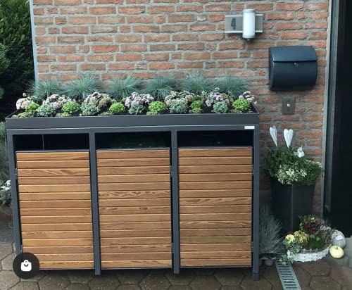 MY-MÜLLTONNE Mülltonnenbox mit Pflanzdach Premium Holz Natura für 3 Tonnen 240 L, schwere & Massive Qualität, europäische Lärche Rhombus 21mm, Top Qualität