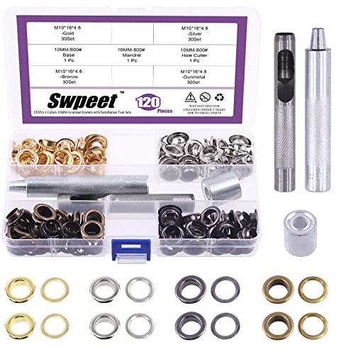 Swpeet 243Pcs - 120Sets Œillets métalliques épais de 10mm (2/5) en 4 couleurs avec rondelles et kit d'outils d'installation de 3 pièces pour réparation de toile, cuir