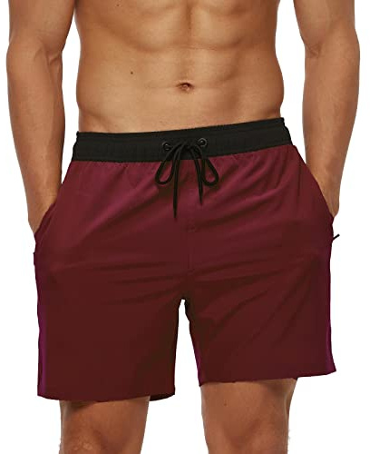 Aisprts Baddräkt Män, Badshorts för män med fickor med blixtlås, Snabbtorkande vattentäta elastiska strumpor för män med dragband och trosor, T2 Svart + Bordò, L