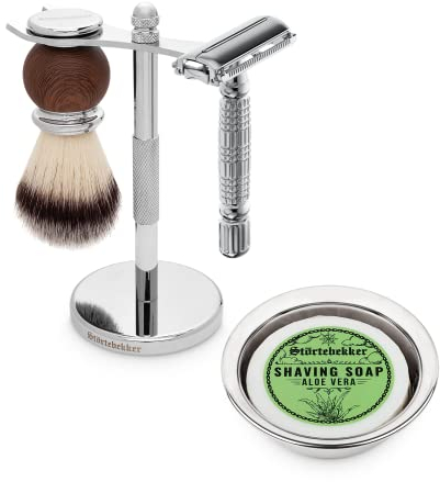 Störtebekker® Premium Rasierständer Set - mit Rasierhobel, Rasierpinsel, Rasierschale und Rasierseife Aloe Vera - hochwertiges Rasierset/Bartpflege Set - 8 Düfte - Geschenkidee Herren Rasierset
