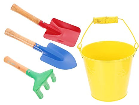 Toddmomy Kindergartengeräte- Set 4- Teiliges Kindersandstrand- Spielzeug Gartengeräte Kleiner Metalleimer Rechen Schaufel Gartenspielzeug für Kinder