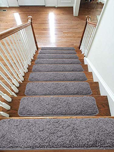 emmahome Soft Shaggy Carpet Stair Treads/Mats/Rugs NON-SLIP MACHINE WASHABLE, 30mm Thickness, 20x55cm (13pc in Box, Grey)