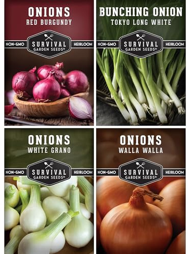 Onion Seeds 4 Variety Collection – Bunching, Red Burgundy, White Grano & Walla Walla Sweet Onions for Planting a Home Garden – Heirloom, Non-GMO Seed Packs – Survival Garden Seeds
