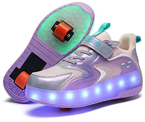 Rullskor för flickor och pojkar, skateboardskor med två hjul och LED-lampor, justerbart ljus med färgbyte, USB-laddning, universell för pojkar och flickor, Rosa, 40 EU