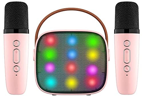 PYNQ Mini Karaoke con 2 Microfoni Wireless per Bambini e Adulti, 18 Brani Precaricati, Bluetooth Portatile, Rosa