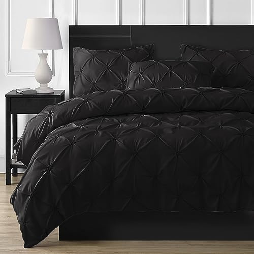 DXHOME Pintuck Bettwäsche 200x220 Schwarz Deckenbezug Kuschelig Mikrofaser Wendebettwäsche Aesthetic Uni Doppelbett Bettbezug mit Reißverschluss und 2 Kissenbezüge 80 x 80cm