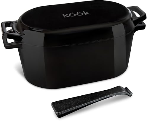 KooK Dutch Oven, Oven for Sourdough Bread Baking, with Lid, Dual Handles, Enameled Cast Iron, includes Lid Lever (Black)