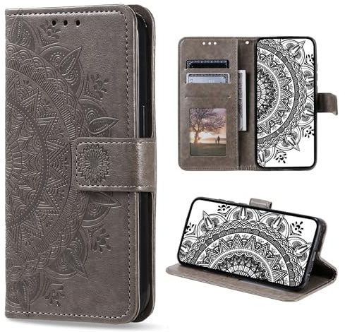 CASEONJAN Handyhülle für iPhone 11 Pro Hülle, PU Leder Klapphülle mit [Kartenfach] [Magnetverschluss], Flip Case Handytasche Prägung Schutzhülle für iPhone 11 Pro (Grau)