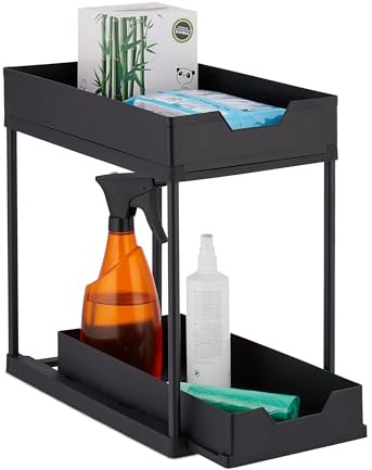 Relaxdays Waschbecken Regal, 2 Etagen, ausziehbar, HBT: 37x22x40 cm, Putzmittel Organizer für Küche & Bad, schwarz