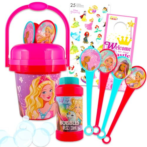 Barbie Bubble Wand Set for Girls - Bundle with No Spill Barbie Bubble Bucket with Bubble Wand and Bubbles Plus Stickers, More | Barbie Outdoor Toys