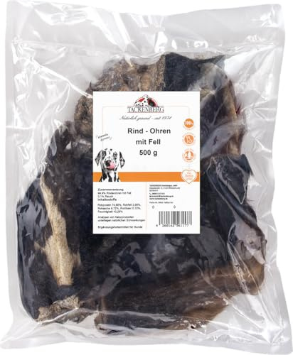 TACKENBERG 250 g Rinderohren mit Fell für Hunde - leckerer natürlicher Kausnack in Premiumqualität - schonend getrocknet - reines Naturprodukt zur Belohnung, als Snack oder Leckerli