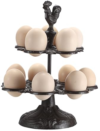 SUMTree Portauova vintage rustico in ghisa, Contenitore per Uova per 12 uova, a doppio strato, per piano di lavoro della cucina, espositore decorativo per uova, colore: nero