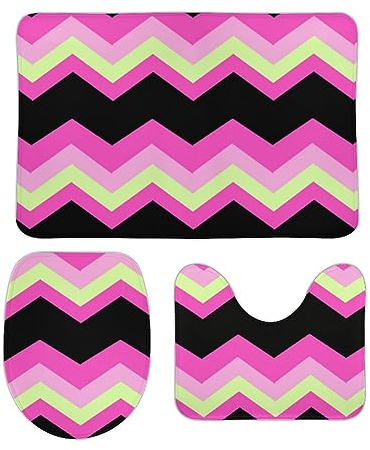 U-Förmiger Teppich Girly Muster Zickzack Fuchsia Hot Pink Wc Vorleger Set 3 Teilig Wasserabsorbierend Badezimmer Vorleger 3-Teiliges rutschfeste Badezimmer-Garnitur Für Badewanne Schlafzimmer
