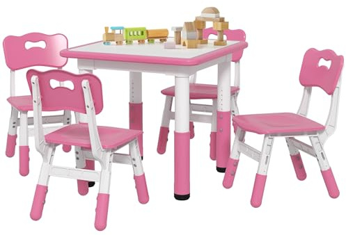 AIYAPLAY Set Tavolino e Sedie per Bambini 18-60 Mesi, Design Salvaspazio, Altezza Regolabile, Tavolo per Bambini con Lavagna per Cameretta, in Legno e PP, per 4 Bambini, Rosa