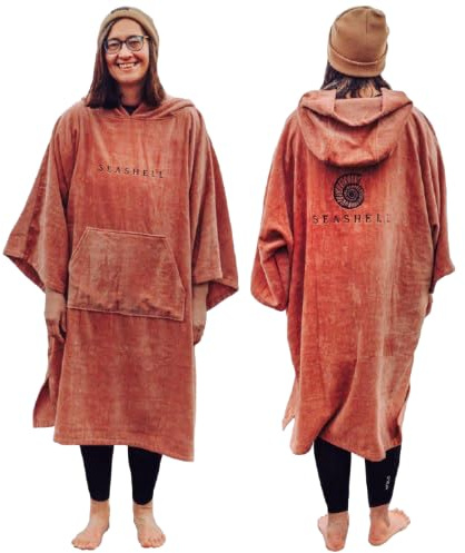 SEASHELL Peignoir de bain à capuche pour adulte - Poncho-serviette à capuche en coton bio (340 g/m²) - Séchage rapide, super absorbant, manches mi-longues - Pour la natation, le surf, la plage, la