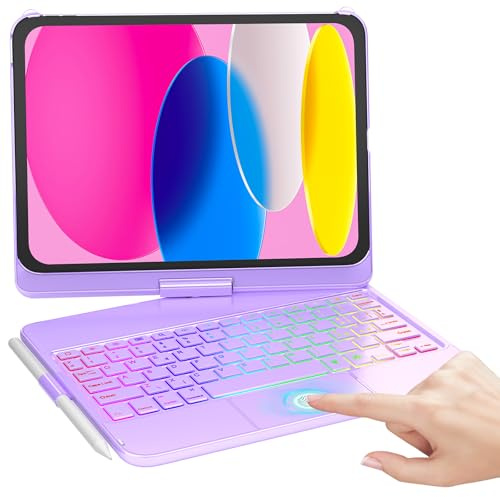 MMK Funda con teclado para iPad 10Gen/A16 11Gen(11/10.9 pulgadas, 2025/2022), 360° Touchpad Flip & 7 Colores de Retroiluminación, Funda Teclado con Soporte Pencil para iPad 10th
