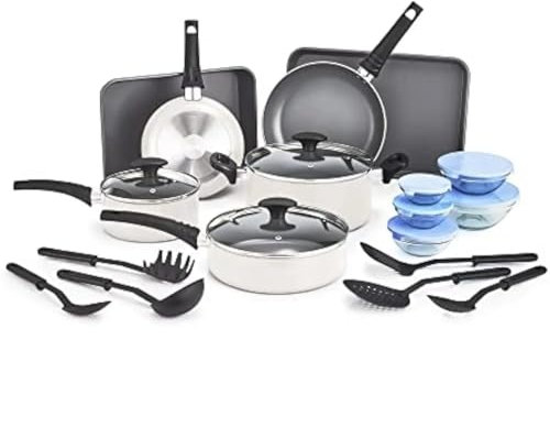 DYHWAC Nonstick Cookware Set with Glass Lids - Aluminum Bakeware, Pots and Pans, Storage Bowls & Utensils