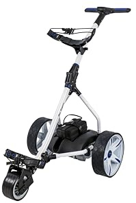 Ben Sayers Carrito de golf eléctrico | Carro de batería de litio de 18 agujeros | 9 velocidades, función de distancia automática | Más de £100 accesorios gratis (blanco/azul)