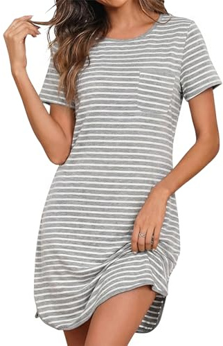 Demegimi Camisón Corto Mujer Algodón Verano Camiseta de Dormir con Diseño de Rayas