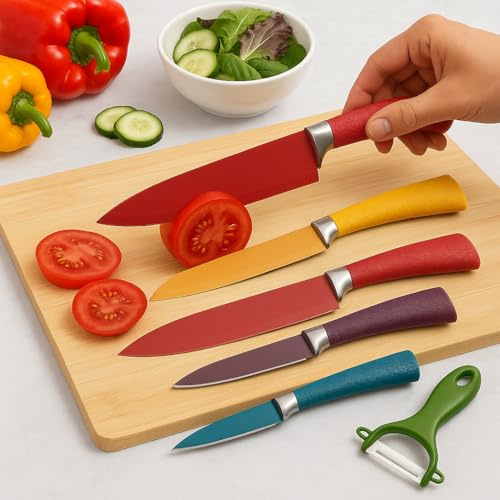 LARA MORADA Set Coltelli da Cucina 6 pezzi Acciaio Inox - Antiaderente Lame Affilate Antibatterico - Manici egonomici - Utensili da Cucina Professionali (Colorati)