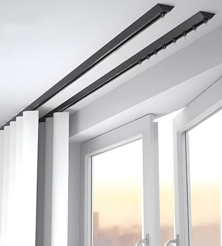 Doppio bastone per tenda regolabile per montaggio a soffitto, da 1,5 m a 12,2 m, elegante finitura nera, decorazione ideale per la casa, facile da installare e design versatile